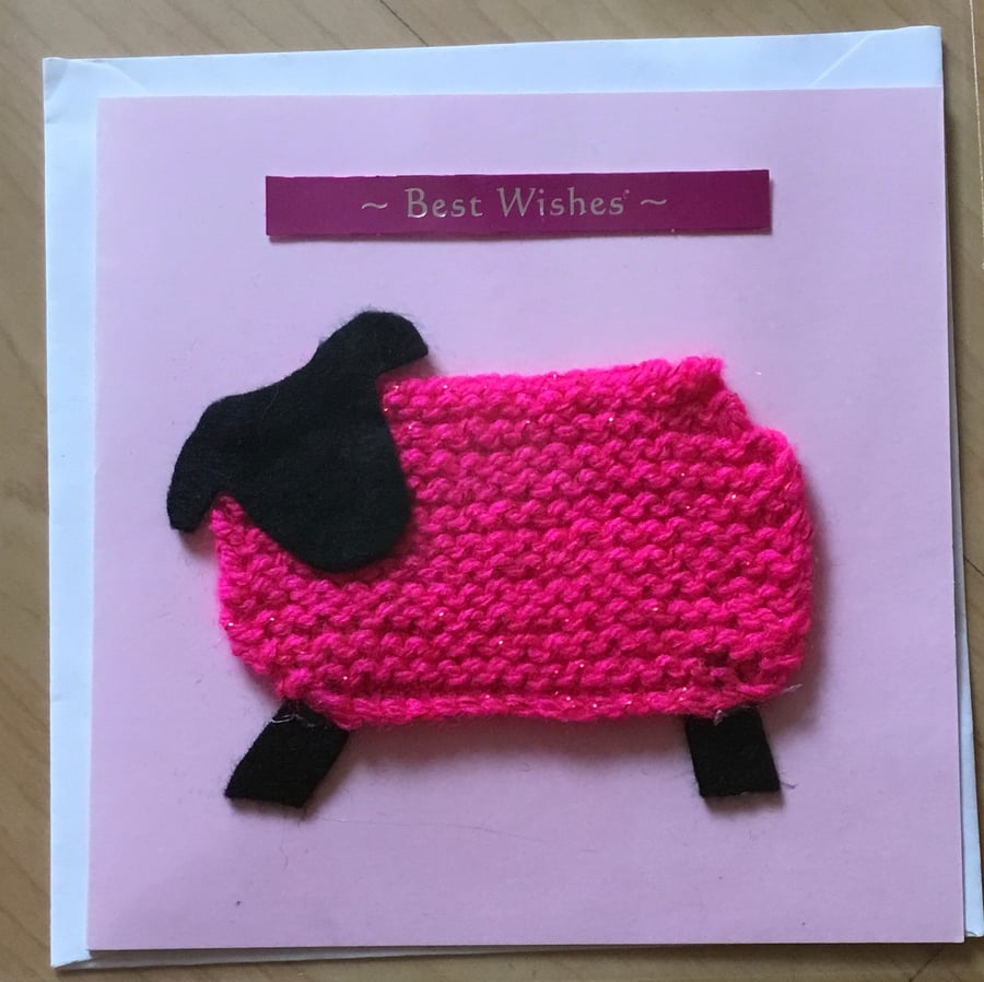 Knitted sheep birthday card, best wishes card, pink sheep 