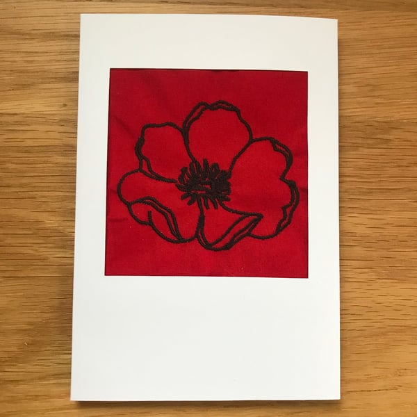 Embroidered  Small Red Poppy Handmade Greetings Card Blank