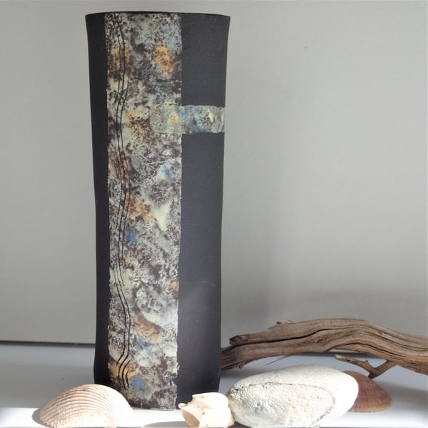 Georgina.  Matt black stoneware ceramic vase with pastel colours