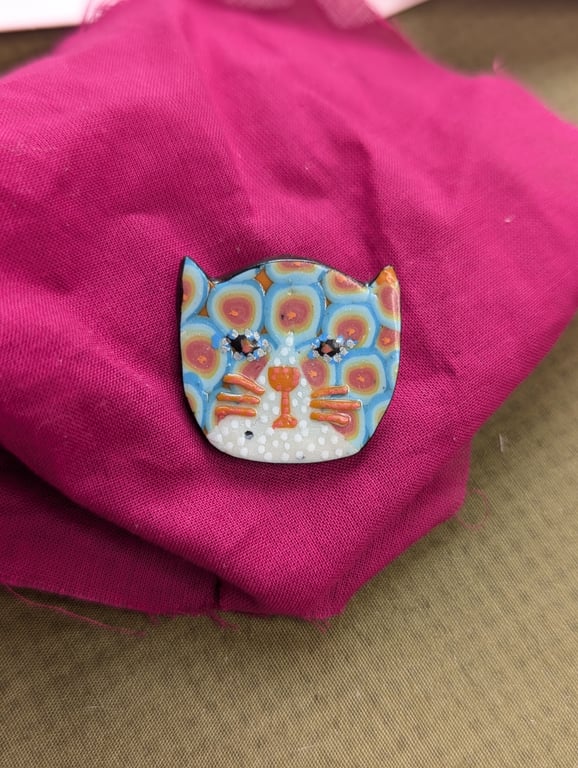 Orange and blue spotty  polymer clay cat brooch