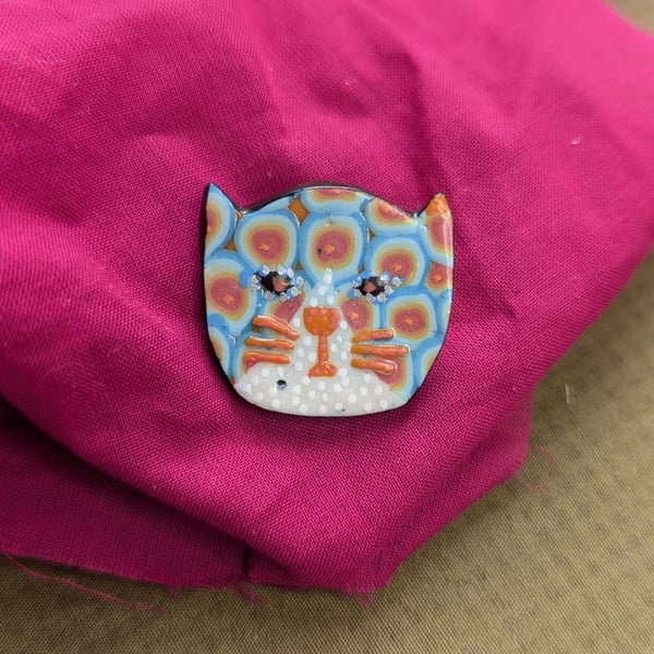 Orange and blue spotty  polymer clay cat brooch