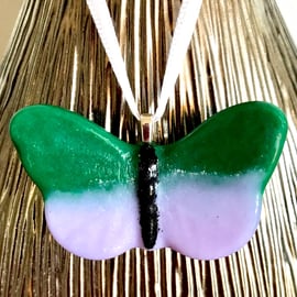 Green & Lilac Glass Butterfly Hanging Decoration