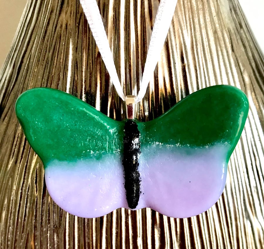 Green & Lilac Glass Butterfly Hanging Decoration