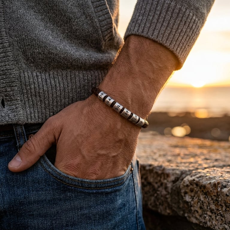 Personalised Mens Leather Bracelet with Six Name Rings – Gift for Dad