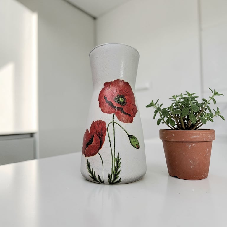 Decoupaged Red Poppy Vase