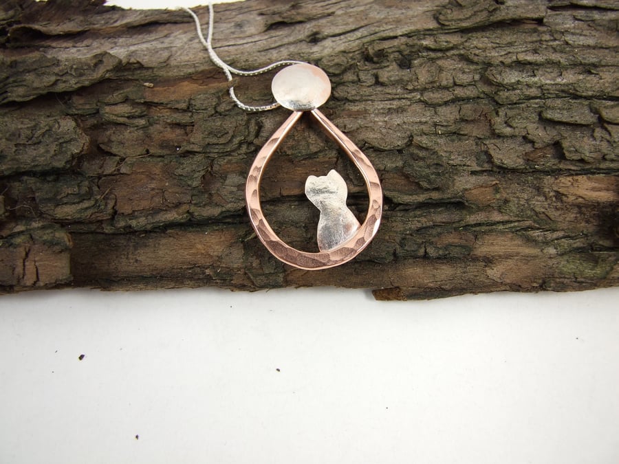Little Cat and Moon Necklace, Sterling Silver and Bronze, Unique Design