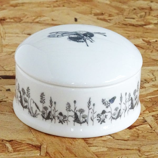 Bee Trinket Dish ceramic, lidded, ladybird, butterfly, floral, rings, jewellery