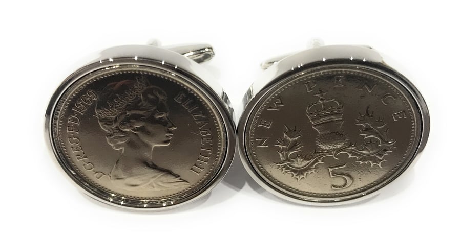 1989 33rd Birthday Anniversary Old Large English 5p coin cufflinks - British Fiv