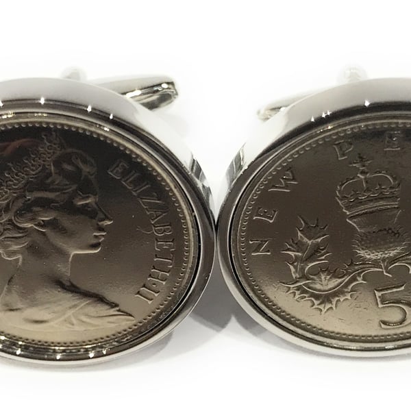 1989 33rd Birthday Anniversary Old Large English 5p coin cufflinks - British Fiv