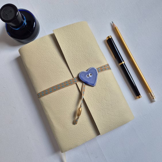Cream Leather Journal with ceramic heart and lined pages, Summer Seconds