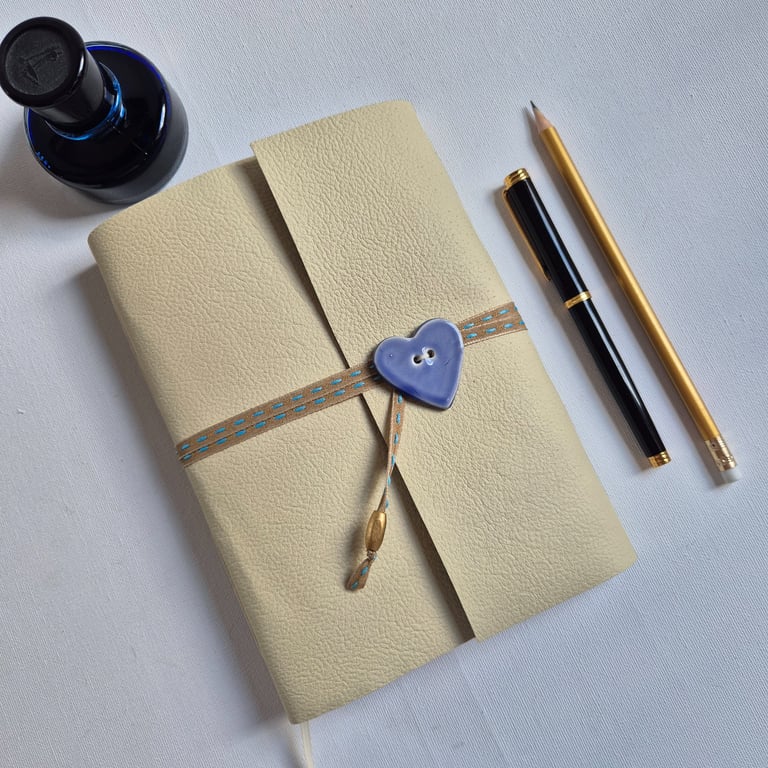 Cream Leather Journal with ceramic heart and lined pages, Summer Seconds