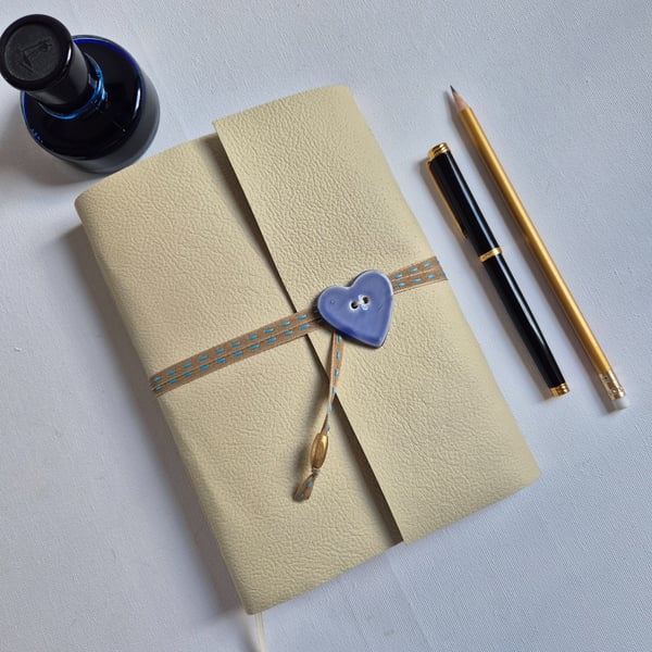 Cream Leather Journal with ceramic heart and lined pages, Summer Seconds