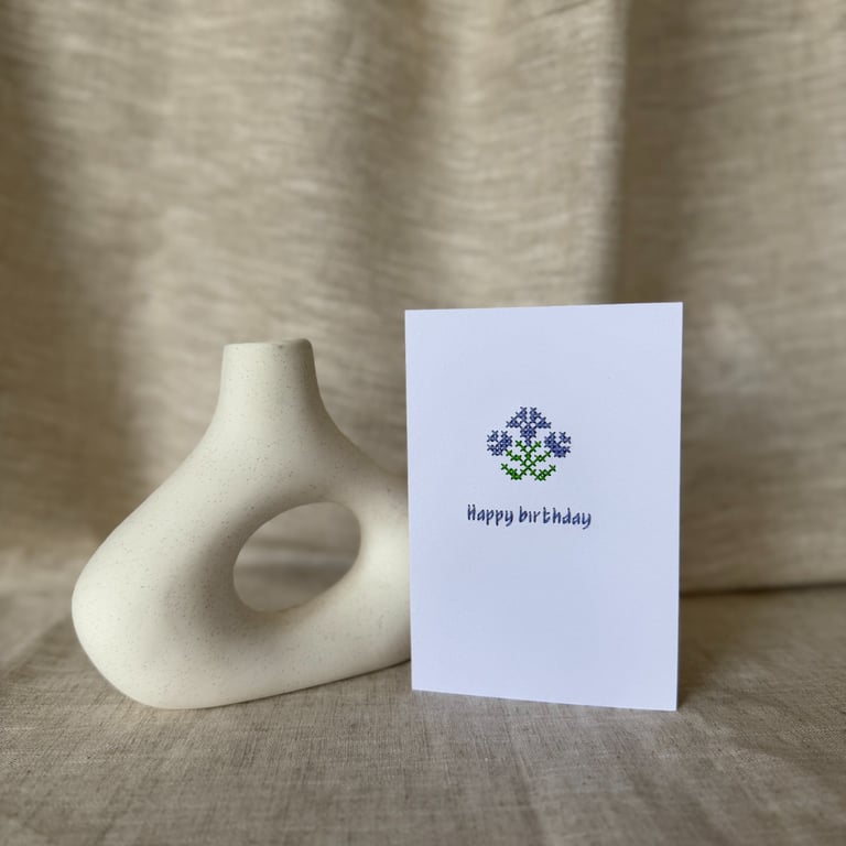 Birthday Card - Handmade Stitched on Paper Greeting Card - Floral Card