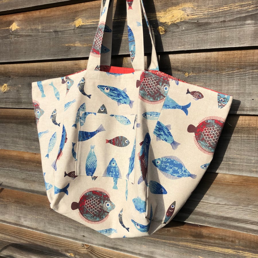 Reversible bag in fish print and vintage fabric - free UK postage