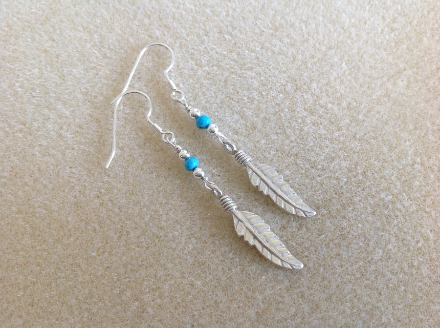 Turquoise Sterling silver feather long drop earrings