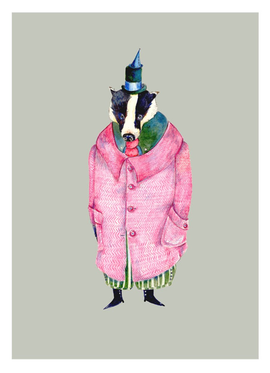 Badger Print Badger in a pink Coat Giclee A4 print