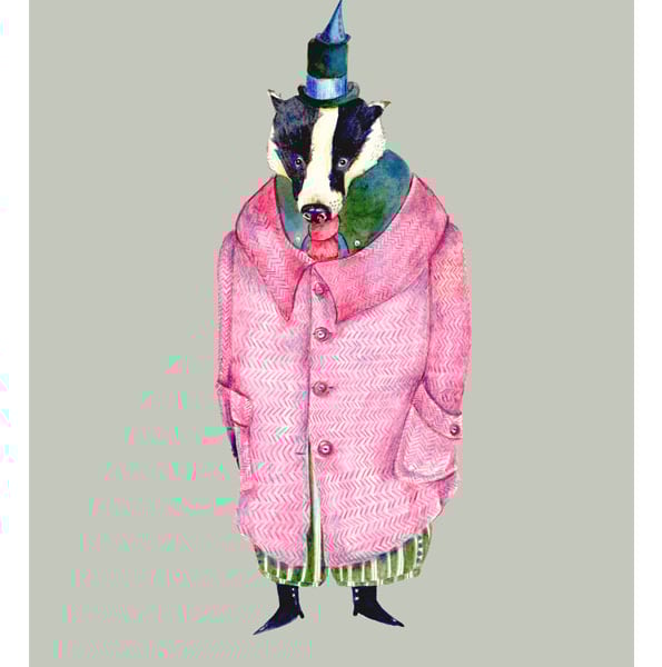 Badger Print Badger in a pink Coat Giclee A4 print