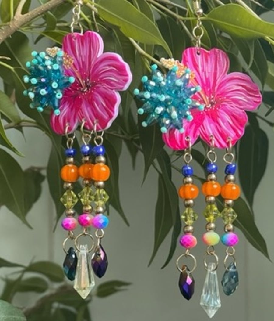 DISCOBUNNY HIBISCUS EARRINGS crystal tassel hot pink tropical 