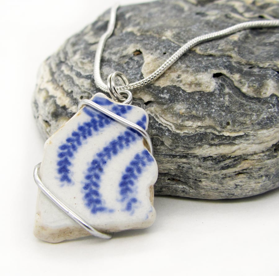 Antique Willow Sea Pottery Pendant Necklace - Beach China Wire Wrapped Jewellery
