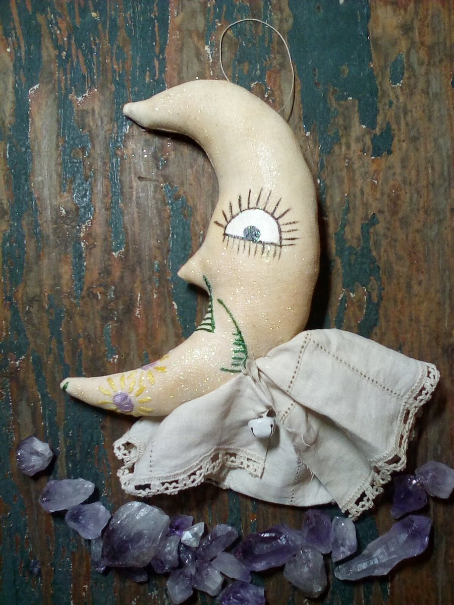 Primitive textile art moon, moon wall hanging, folk art moon