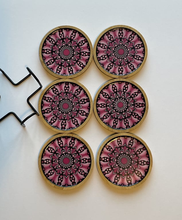 Coaster Set of 6 Pink Mandala Hand Painted Unique With Metal Coaster Holder