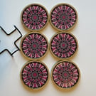 Coaster Set of 6 Pink Mandala Hand Painted Unique With Metal Coaster Holder