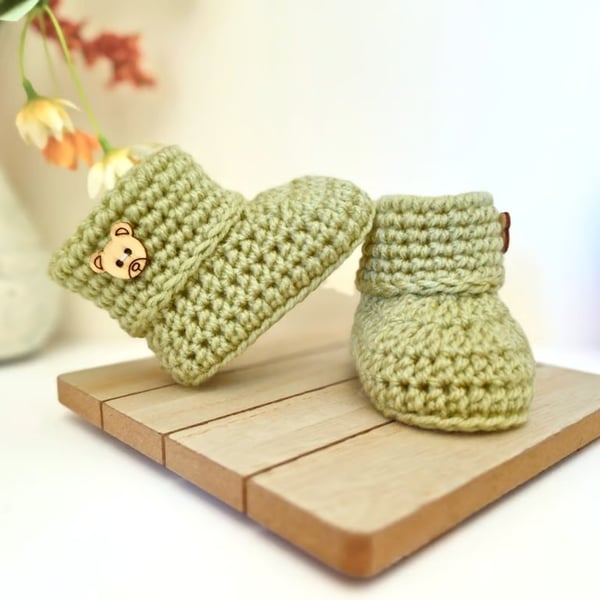 Crochet Baby Booties with Teddy Button – Handmade Gift for Baby Showers