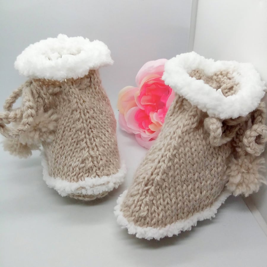 Baby's Beige Boots with Faux Fur Trim, Boots for 3 - 9 Months, Baby Shower Gift