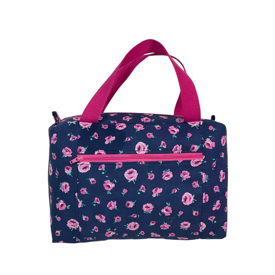 Large wash bag in Liberty cotton, floral toiletries bag with handles and pocket.