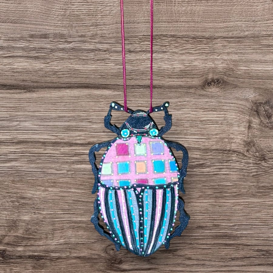 Hanging Decorations - hand painted beetle - Pink