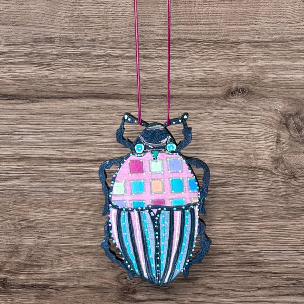 Hanging Decorations - hand painted beetle - Pink