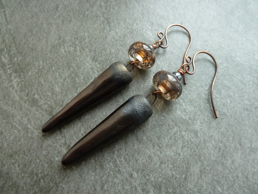 copper earrings, brown lampwork glass and ceramic spikes