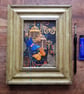 Blue, orange butterflies with bird cages, keys, leaves, original framed artwork
