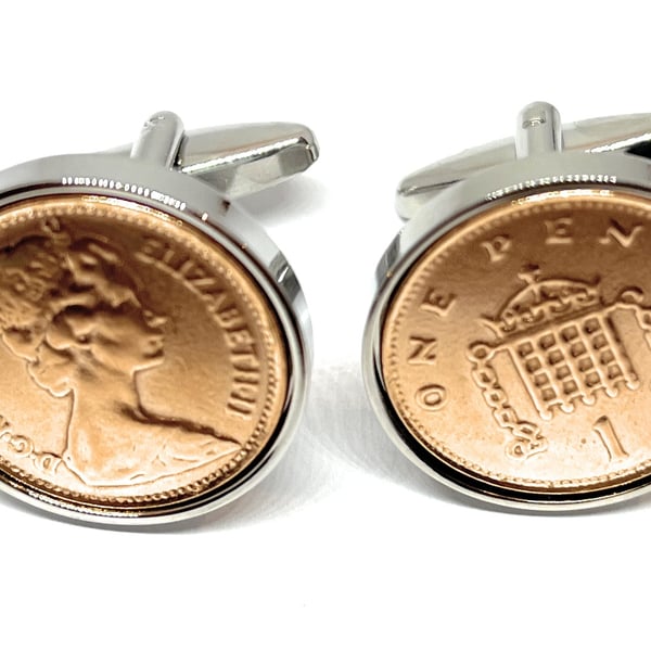 1984 40th Birthday Anniversary 1 pence coin cufflinks - One pence cufflinks from