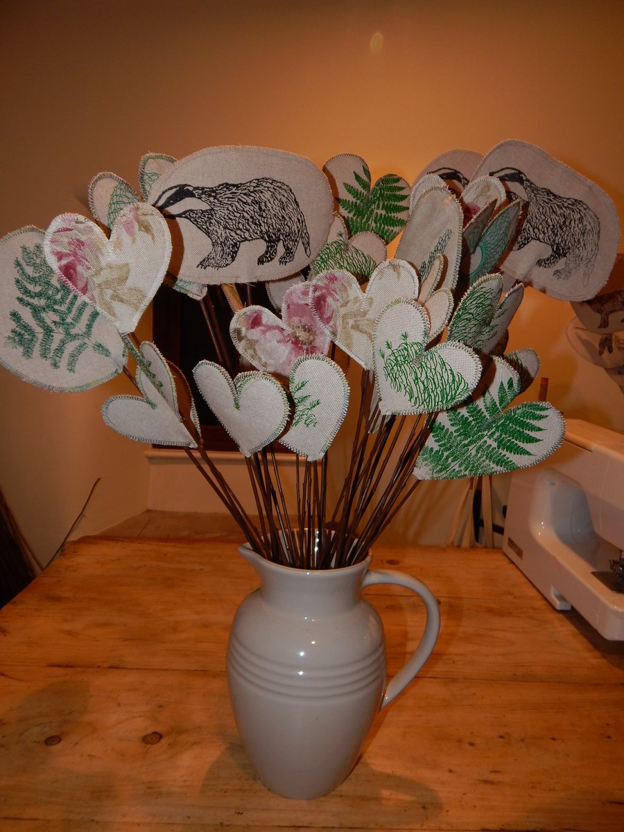 Badger and green wild plants - screen printed flower bouquet