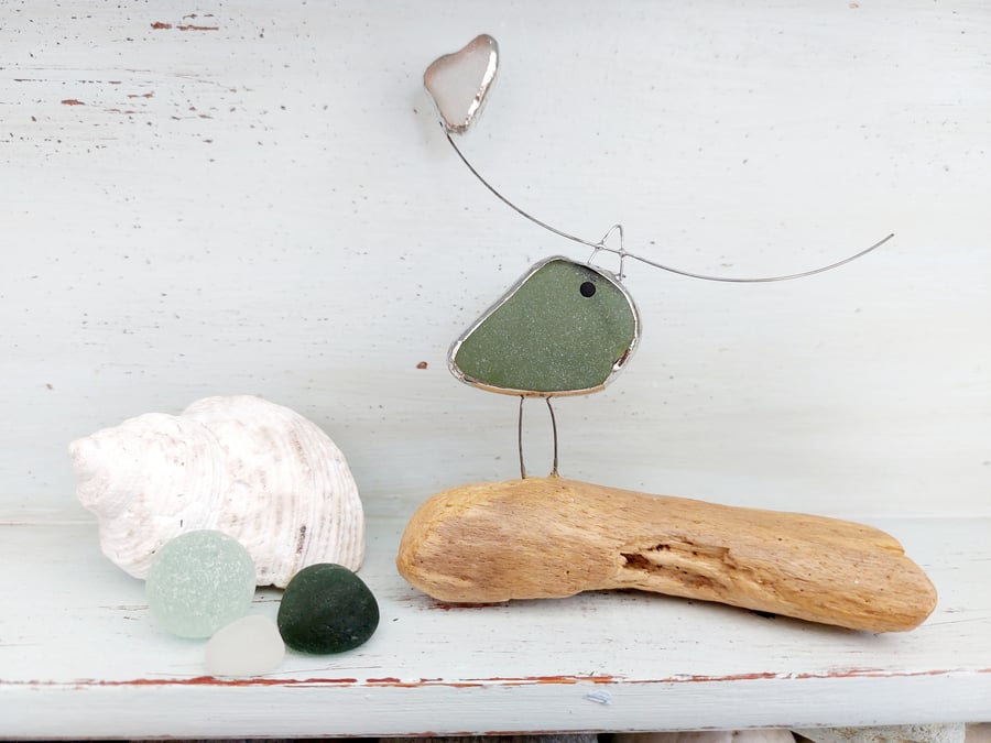 Sea Glass Bird & Heart Balloon On Driftwood, Soldered Ornament from Beach Finds