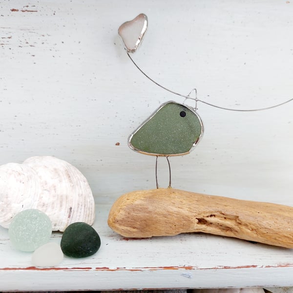 Sea Glass Bird & Heart Balloon On Driftwood, Soldered Ornament from Beach Finds