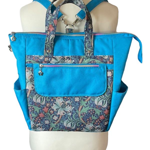 Backpack Water resistant and convertible with floral William Morris print