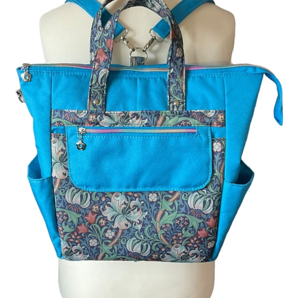 Back pack Water resistant and convertible with floral William Morris print