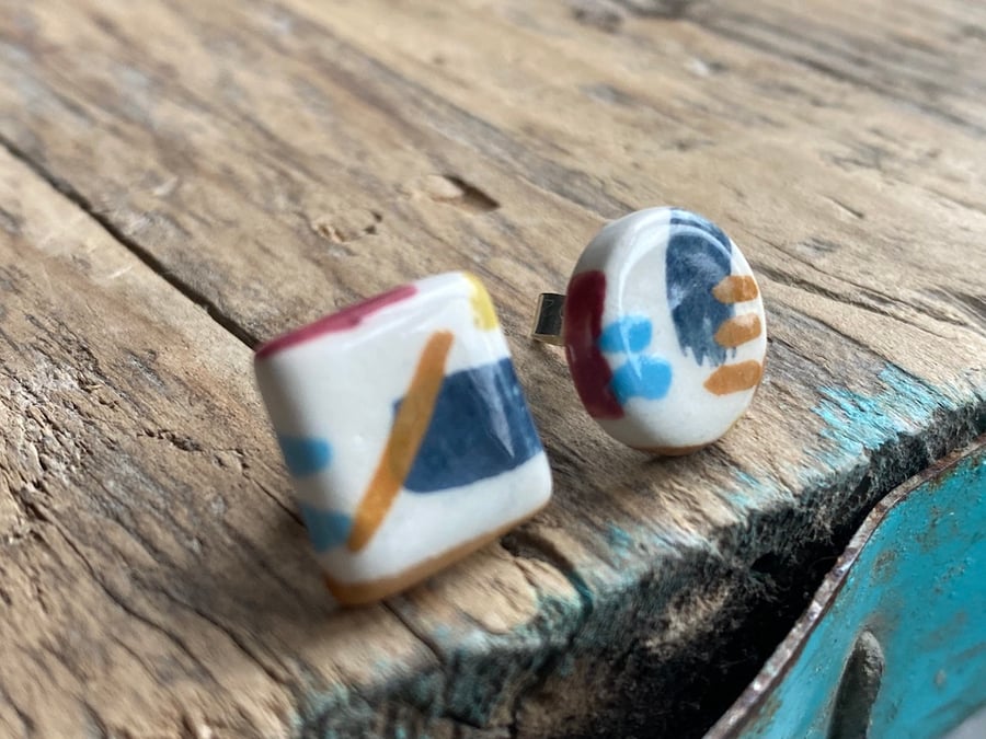 Handmade Ceramic Mismatched Sterling Silver Stud Earrings