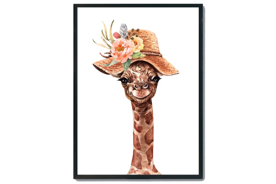 Funky giraffe in a hat wall print, giraffe wall decor, giraffe funny art print