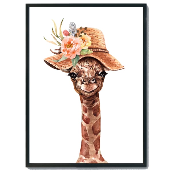 Funky giraffe in a hat wall print, giraffe wall decor, giraffe funny art print