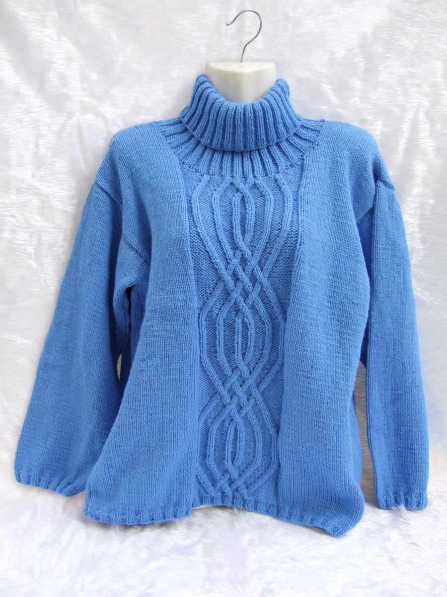 Hand knitted ladies blue roll neck jumper sweater 36 inch chest