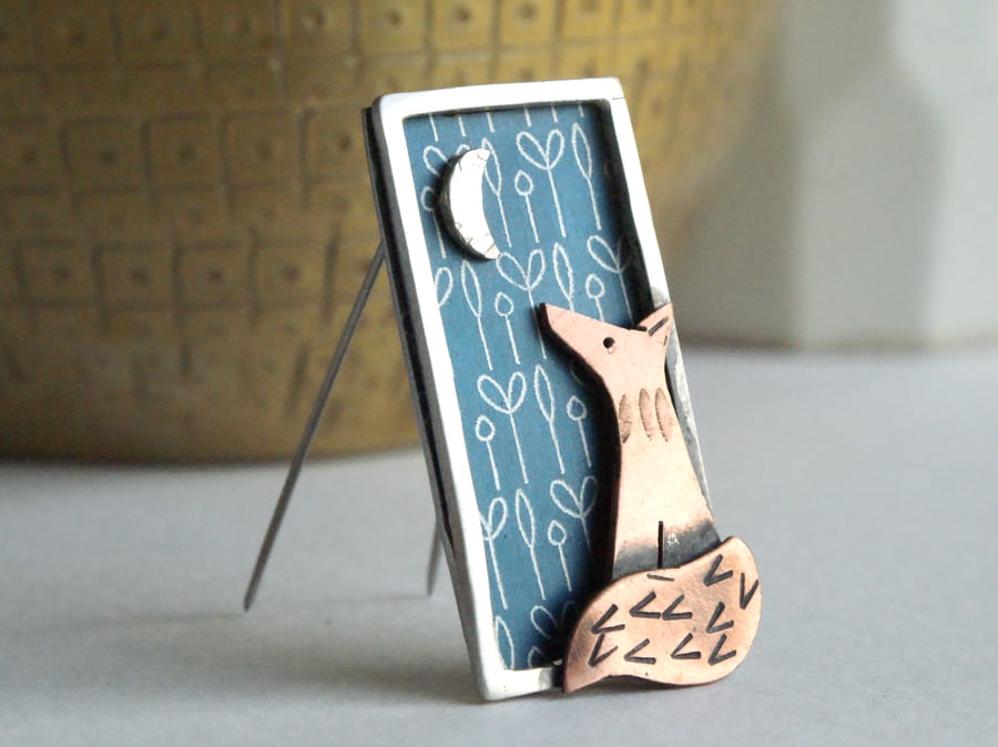 Fox and Moon portrait brooch