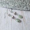 Silver Polka Dot Czech Glass & Mixed Bead Dangle Earrings - Pale Milky Opal 