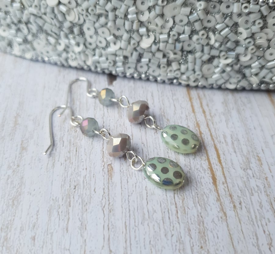 Silver Polka Dot Czech Glass & Mixed Bead Dangle Earrings - Pale Milky Opal 