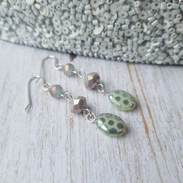 Silver Polka Dot Czech Glass & Mixed Bead Dangle Earrings - Pale Milky Opal 