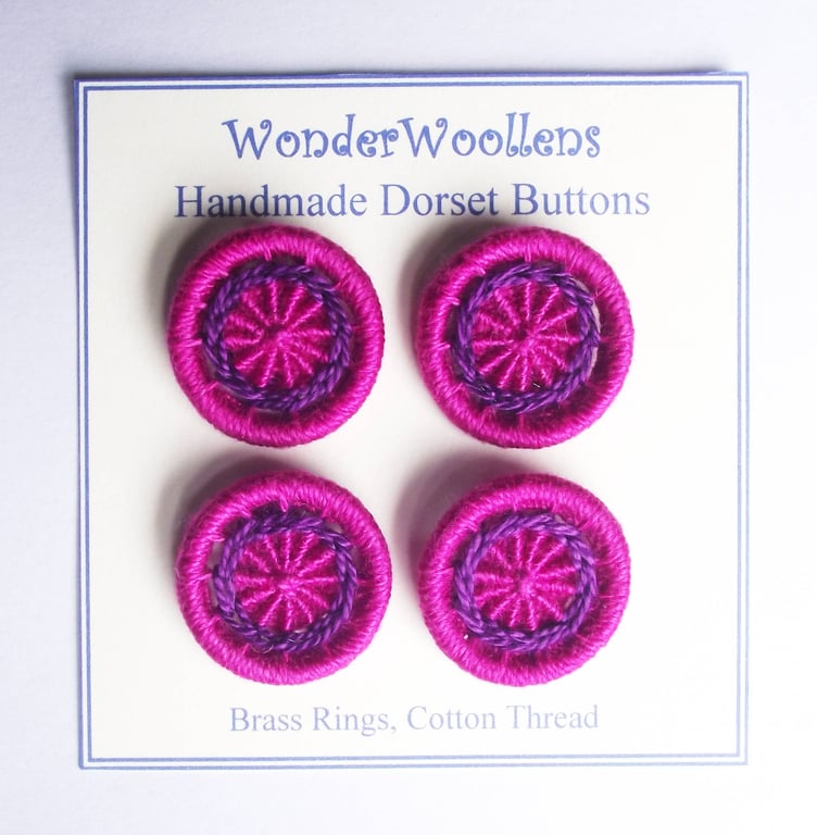 Dorset Buttons, Set of 4, Handmade, Pink, Purple Cotton,  1", 2.6cm