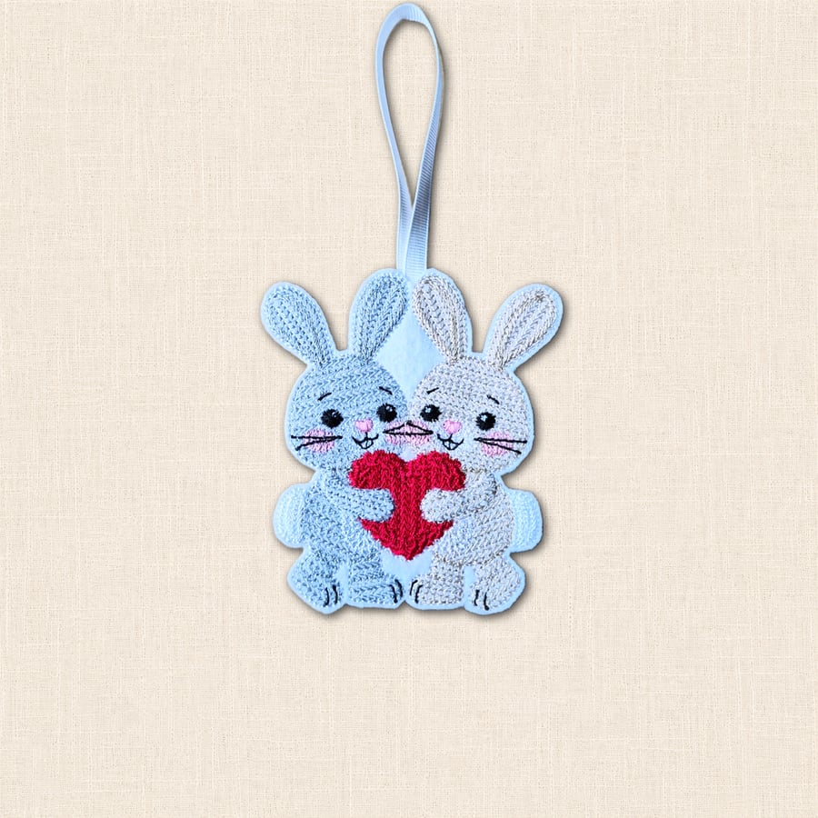 Knit Stitch Bunnies Decoration - Cute Bunny Heart Hanging Decor
