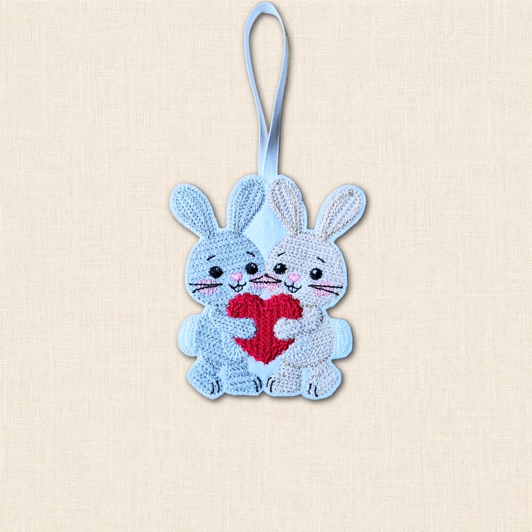 Knit Stitch Bunnies Decoration - Cute Bunny Heart Hanging Decor